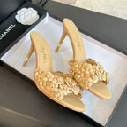 CHANEL Little Camellia World Thin High Heels Tan Brown Lambskin