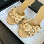CHANEL Little Camellia World Thin High Heels Tan Brown Lambskin