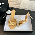 CHANEL Little Camellia World Thin High Heels Tan Brown Lambskin