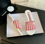 CHANEL Double C Sheepskins Knit Slippers White Pink