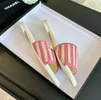 CHANEL Double C Sheepskins Knit Slippers White Pink
