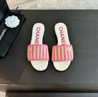 CHANEL Double C Sheepskins Knit Slippers White Pink