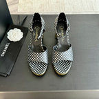 CHANEL Platform Peep-Toe Sandals Black/White Caro Lambskin