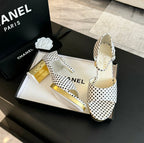 CHANEL Platform Peep-Toe Sandals White/Black Caro Lambskin