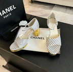 CHANEL Platform Peep-Toe Sandals White/Black Caro Lambskin
