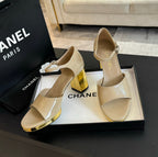 CHANEL Platform Peep-Toe Sandals Beige Cream Lambskin