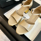 CHANEL Platform Peep-Toe Sandals Beige Cream Lambskin