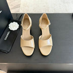 CHANEL Platform Peep-Toe Sandals Beige Cream Lambskin