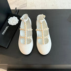 CHANEL MARY JANES SHOES WHITE GOATSKIN WITH FAUX PEARL