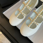 CHANEL MARY JANES SHOES WHITE GOATSKIN WITH FAUX PEARL