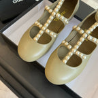 CHANEL MARY JANES SHOES ECRU BEIGE GOATSKIN WITH FAUX PEARL