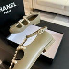 CHANEL MARY JANES SHOES ECRU BEIGE GOATSKIN WITH FAUX PEARL