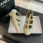 CHANEL MARY JANES SHOES ECRU BEIGE GOATSKIN WITH FAUX PEARL