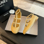 CHANEL MARY JANES SHOES LIGHT YELLOW GOATSKIN WITH FAUX PEARL