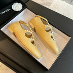 CHANEL MARY JANES SHOES LIGHT YELLOW GOATSKIN WITH FAUX PEARL