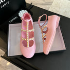 CHANEL MARY JANES SHOES LIGHT PINK GOATSKIN WITH FAUX PEARL