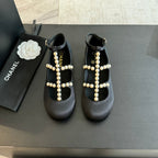 CHANEL MARY JANES SHOES BLACK GOATSKIN WITH FAUX PEARL