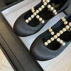 CHANEL MARY JANES SHOES BLACK GOATSKIN WITH FAUX PEARL