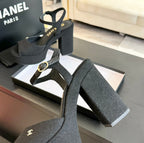 CHANEL HIGH HEEL PLATFORM SANDALS IN BLACK SUEDE