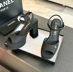 CHANEL HIGH HEEL PLATFORM SANDALS IN BLACK SUEDE