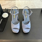 CHANEL HIGH HEEL PLATFORM SANDALS IN PIGEON BLUE SUEDE