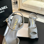 CHANEL HIGH HEEL PLATFORM SANDALS IN DOVE GRAY SUEDE