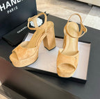 CHANEL HIGH HEEL PLATFORM SANDALS IN SAND YELLOW SUEDE