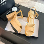 CHANEL HIGH HEEL PLATFORM SANDALS IN SAND YELLOW SUEDE
