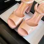 CHANEL HIGH HEEL PLATFORM SANDALS IN PEACH PINK CALFSKIN