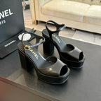 CHANEL HIGH HEEL PLATFORM SANDALS IN BLACK CALFSKIN