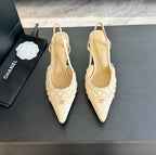 CHANEL POINTED SLINGBACK MID HEELS BEIGE CREAM LAMBSKIN