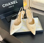 CHANEL POINTED SLINGBACK MID HEELS BEIGE CREAM LAMBSKIN