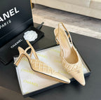 CHANEL POINTED SLINGBACK MID HEELS BEIGE CREAM LAMBSKIN