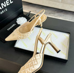 CHANEL POINTED SLINGBACK MID HEELS BEIGE CREAM LAMBSKIN
