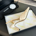 CHANEL POINTED SLINGBACK MID HEELS BEIGE CREAM LAMBSKIN
