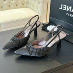 CHANEL POINTED SLINGBACK MID HEELS BLACK LAMBSKIN