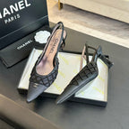 CHANEL POINTED SLINGBACK MID HEELS BLACK LAMBSKIN