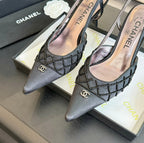 CHANEL POINTED SLINGBACK MID HEELS BLACK LAMBSKIN