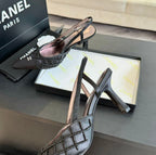 CHANEL POINTED SLINGBACK MID HEELS BLACK LAMBSKIN