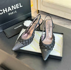 CHANEL POINTED SLINGBACK MID HEELS BLACK LAMBSKIN