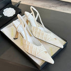 CHANEL POINTED SLINGBACK MID HEELS WHITE LAMBSKIN