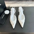 CHANEL POINTED SLINGBACK MID HEELS WHITE LAMBSKIN
