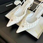 CHANEL POINTED SLINGBACK MID HEELS WHITE LAMBSKIN