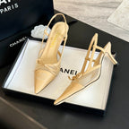 CHANEL MESH LOGO SLINGBACKS IN BEIGE LAMBSKIN