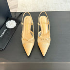 CHANEL MESH LOGO SLINGBACKS IN BEIGE LAMBSKIN