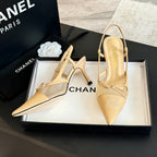 CHANEL MESH LOGO SLINGBACKS IN BEIGE LAMBSKIN