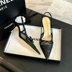 CHANEL MESH LOGO SLINGBACKS IN BLACK LAMBSKIN