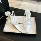 CHANEL MESH LOGO SLINGBACKS IN WHITE LAMBSKIN