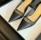 CHANEL MESH LOGO HEELS IN BLACK LAMBSKIN