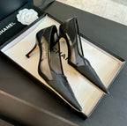CHANEL MESH LOGO HEELS IN BLACK LAMBSKIN